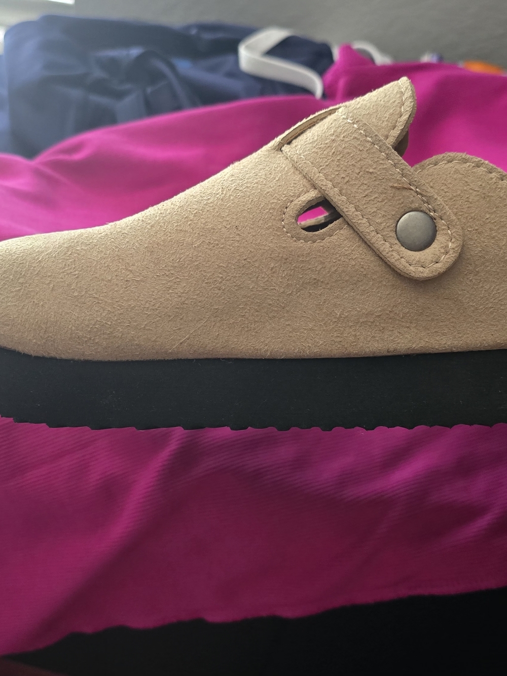 Beige Suede Slip-On Clog with Black Sole